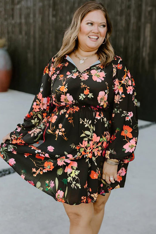 Black Plus Size Floral Print Tie Neck Cinched Waist Long Sleeve Mini Dress