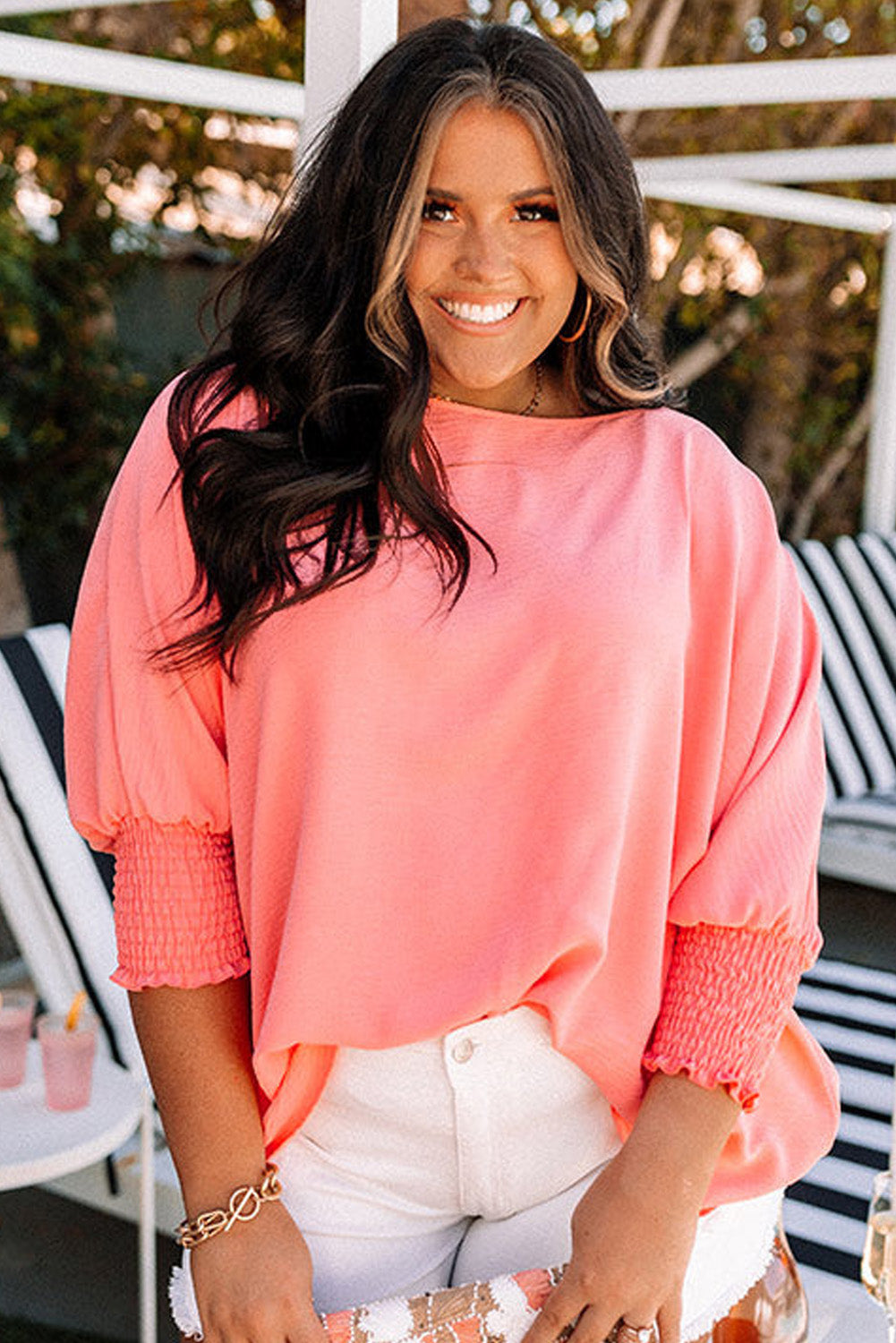 Blossom Shirred Cuffs Half Sleeve Plus Size Blouse