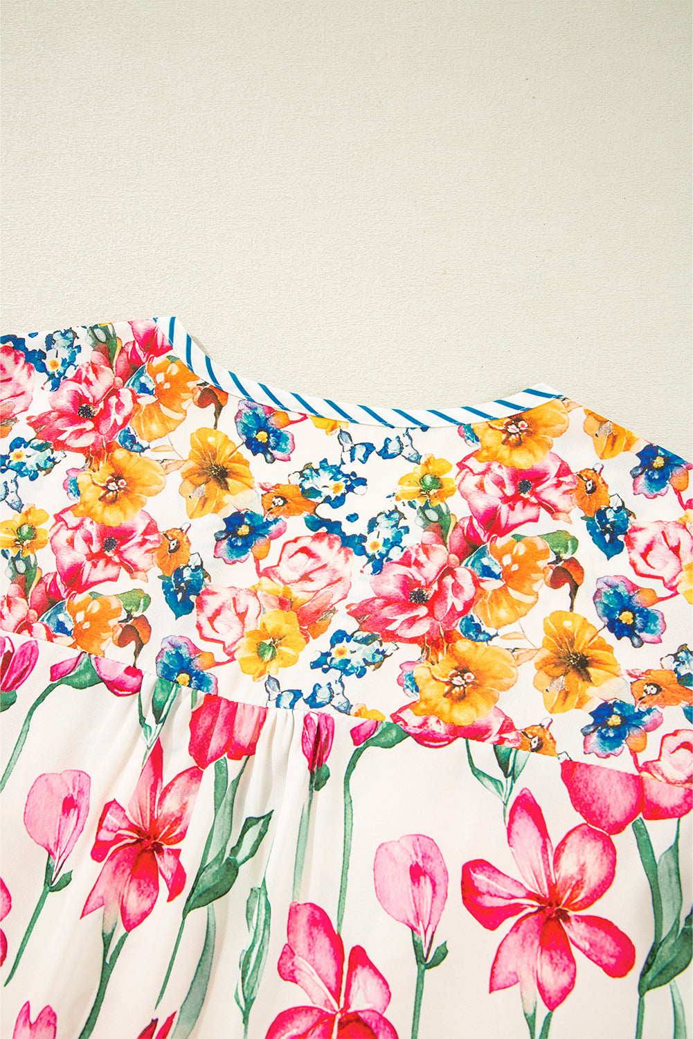 Pink Plus Size Floral Print Striped Trim V Neck Blouse