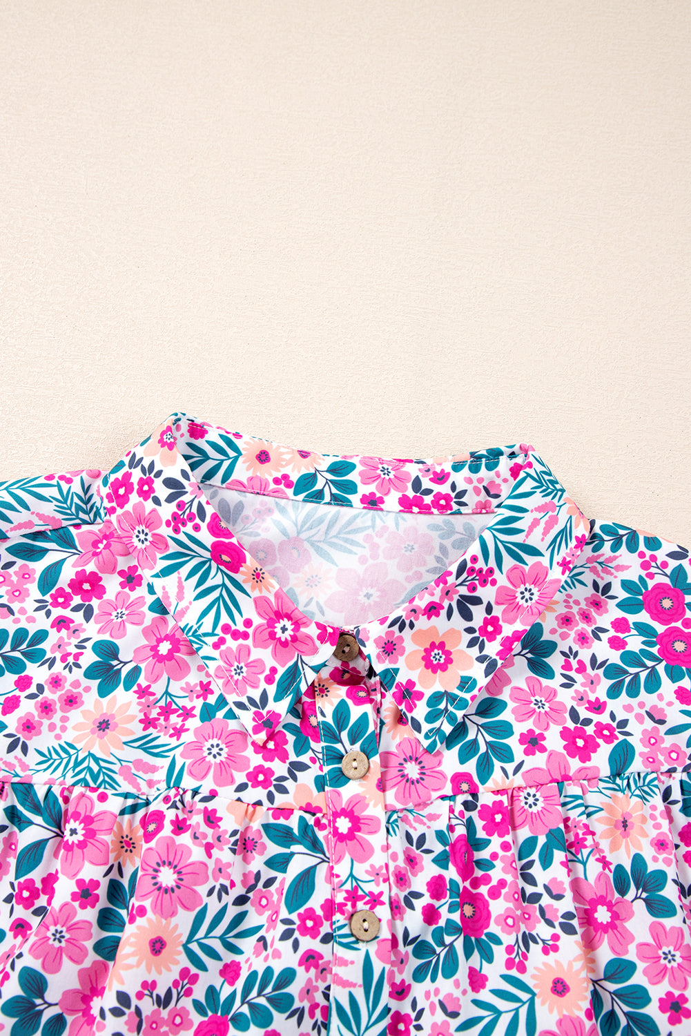 Pink Plus Size Floral Half Button Puff Sleeve A Line Dress