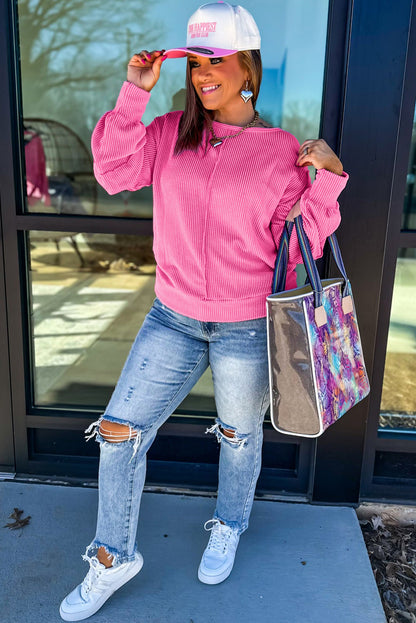 Bonbon Twist Ribbed Exposed Seam Detail Plus Size Top