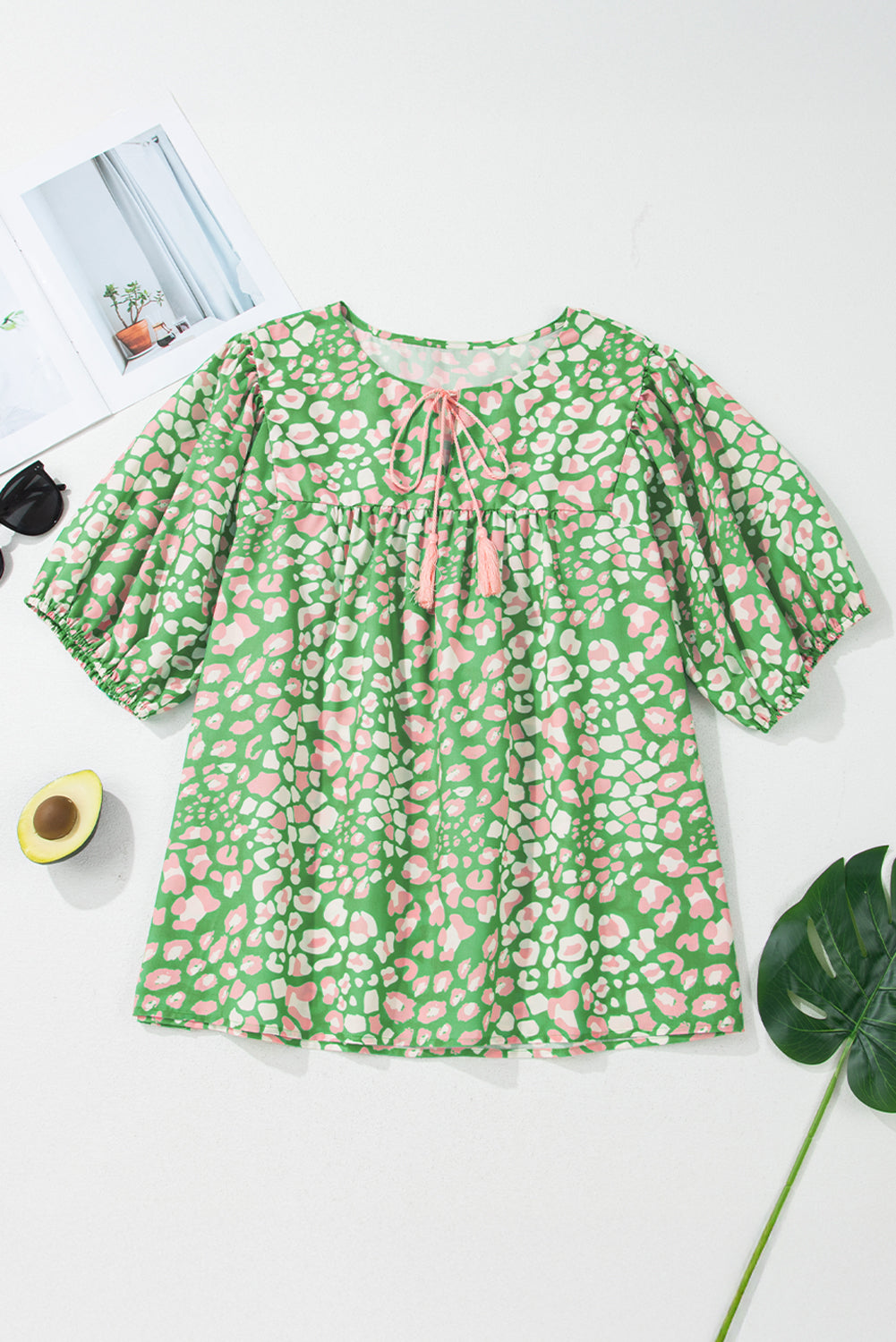 Green Plus Size Leopard Tassel Tie Split Neck Puff Sleeve Blouse