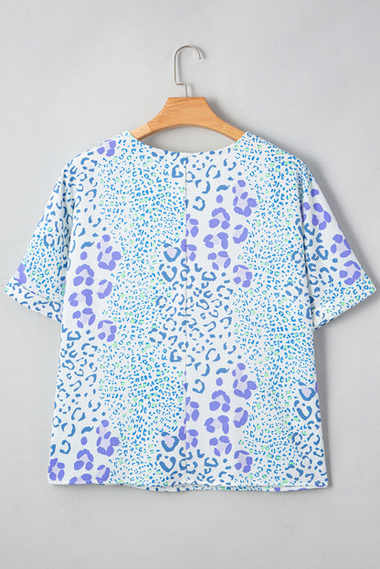 Sky Blue Leopard Print V Neck Short Sleeve Plus Size Top