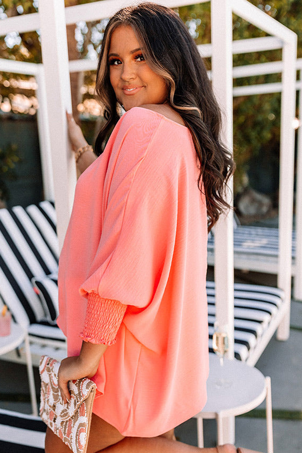 Blossom Shirred Cuffs Half Sleeve Plus Size Blouse
