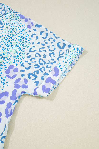 Sky Blue Leopard Print V Neck Short Sleeve Plus Size Top