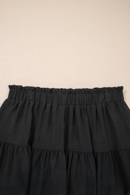 Black Plus Size Frilled Elastic Waist Lace Trim Boho Ruffled Shorts