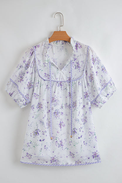 Purple Floral Print Split Neck Plus Size Top