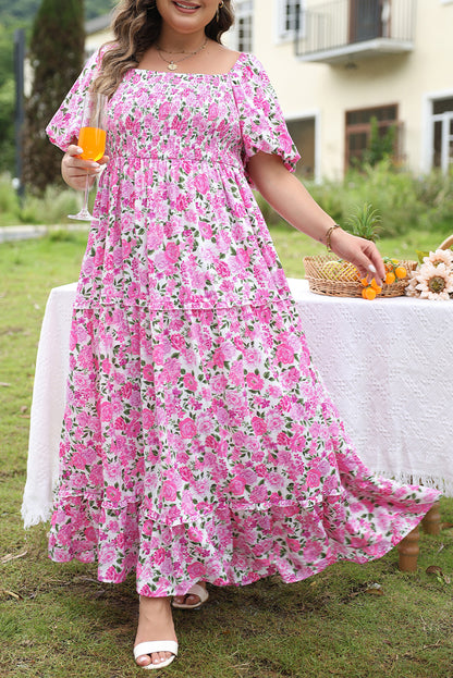 Pink Plus Size Floral Print Smocked Puff Sleeve Maxi Dress