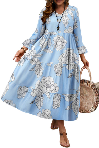 Sky Blue Floral Bell Sleeve V Neck Plus Size Tiered Maxi Dress
