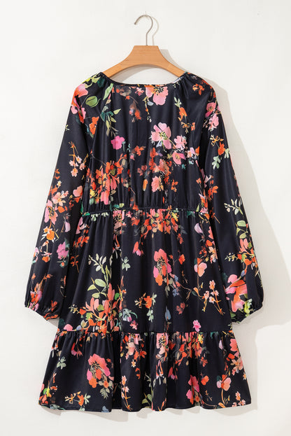 Black Plus Size Floral Print Tie Neck Cinched Waist Long Sleeve Mini Dress
