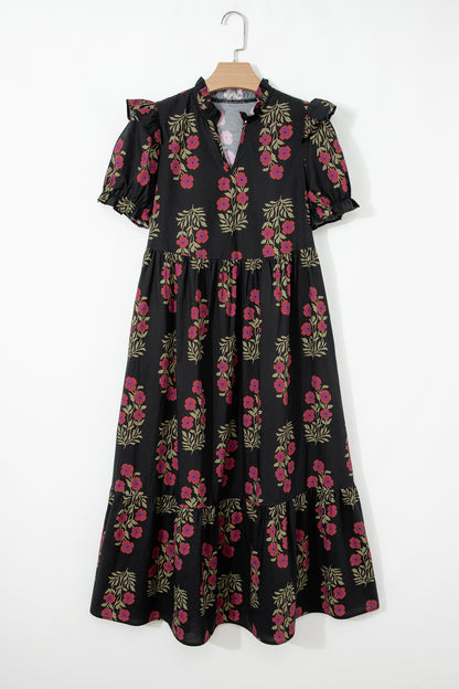 Beige Floral Short Bubble Sleeve Tiered Maxi Dress