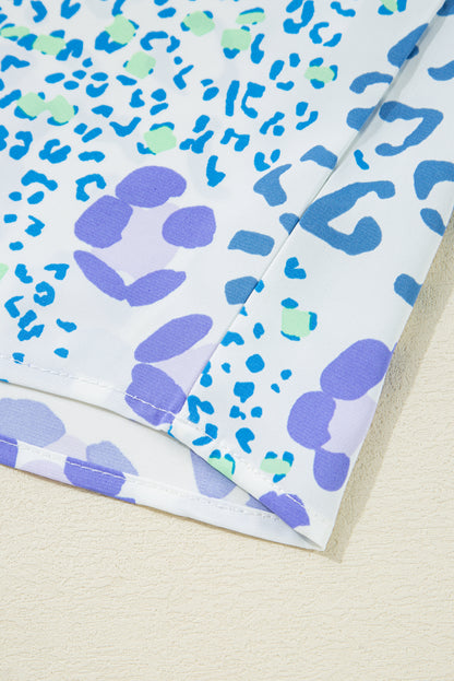 Sky Blue Leopard Print V Neck Short Sleeve Plus Size Top