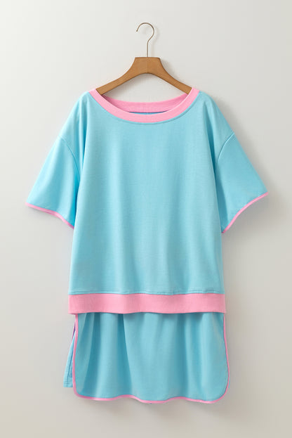 Turquoise Plus Size Contrast Trim T Shirt and Skort Two Piece Set