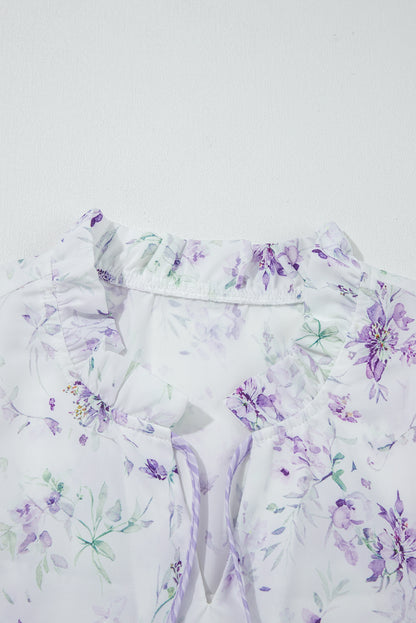Purple Floral Print Split Neck Plus Size Top