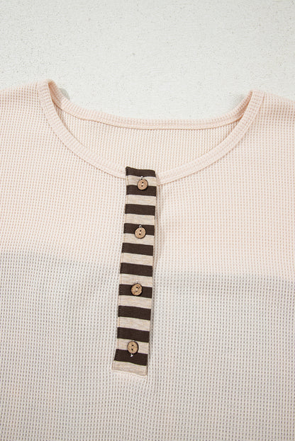 Parchment Plus Size Waffle Striped Plaid Patchwork Henley Pullover