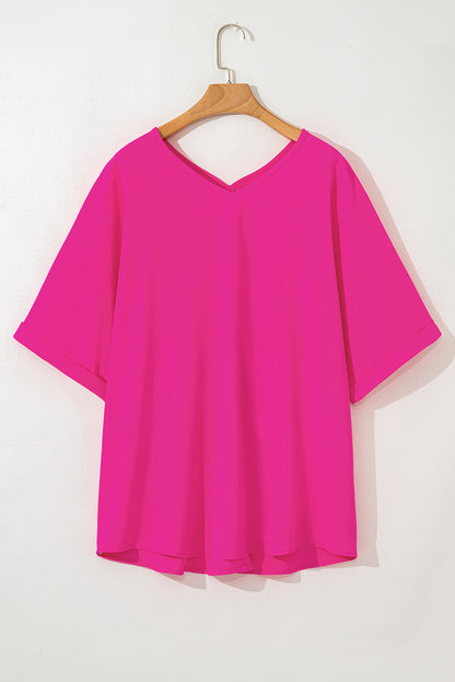 Bright Pink Seamed Back High Low Hem V Neck Plus Size Tee