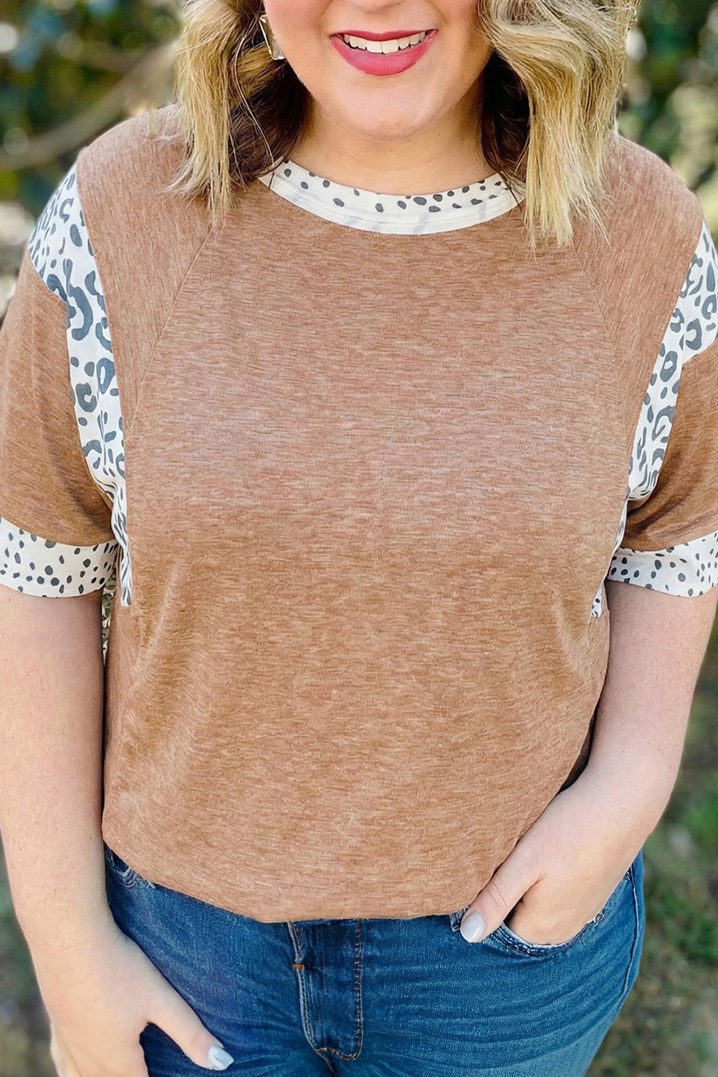 Chestnut Animal Color Block Patchwork Plus Size Tee