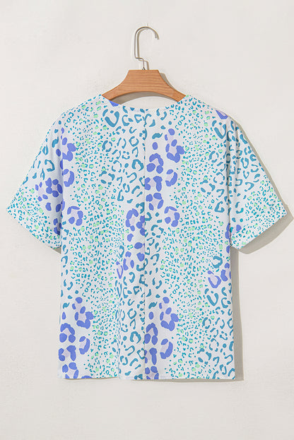 Sky Blue Leopard Print V Neck Short Sleeve Plus Size Top