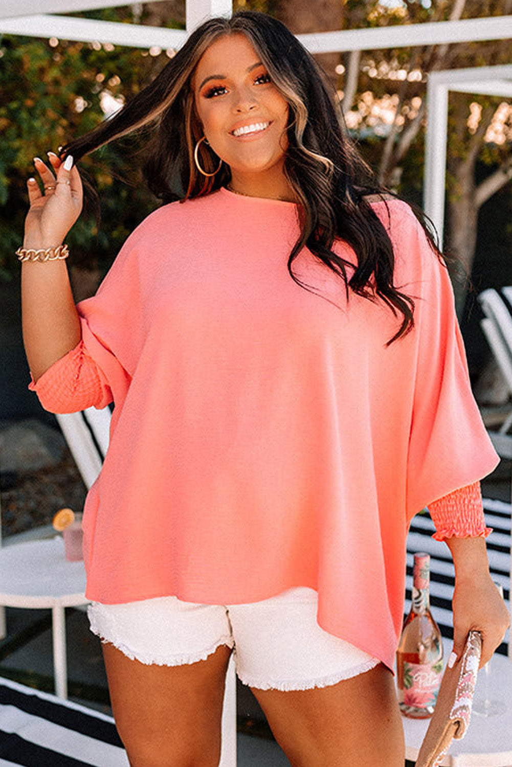 Blossom Shirred Cuffs Half Sleeve Plus Size Blouse