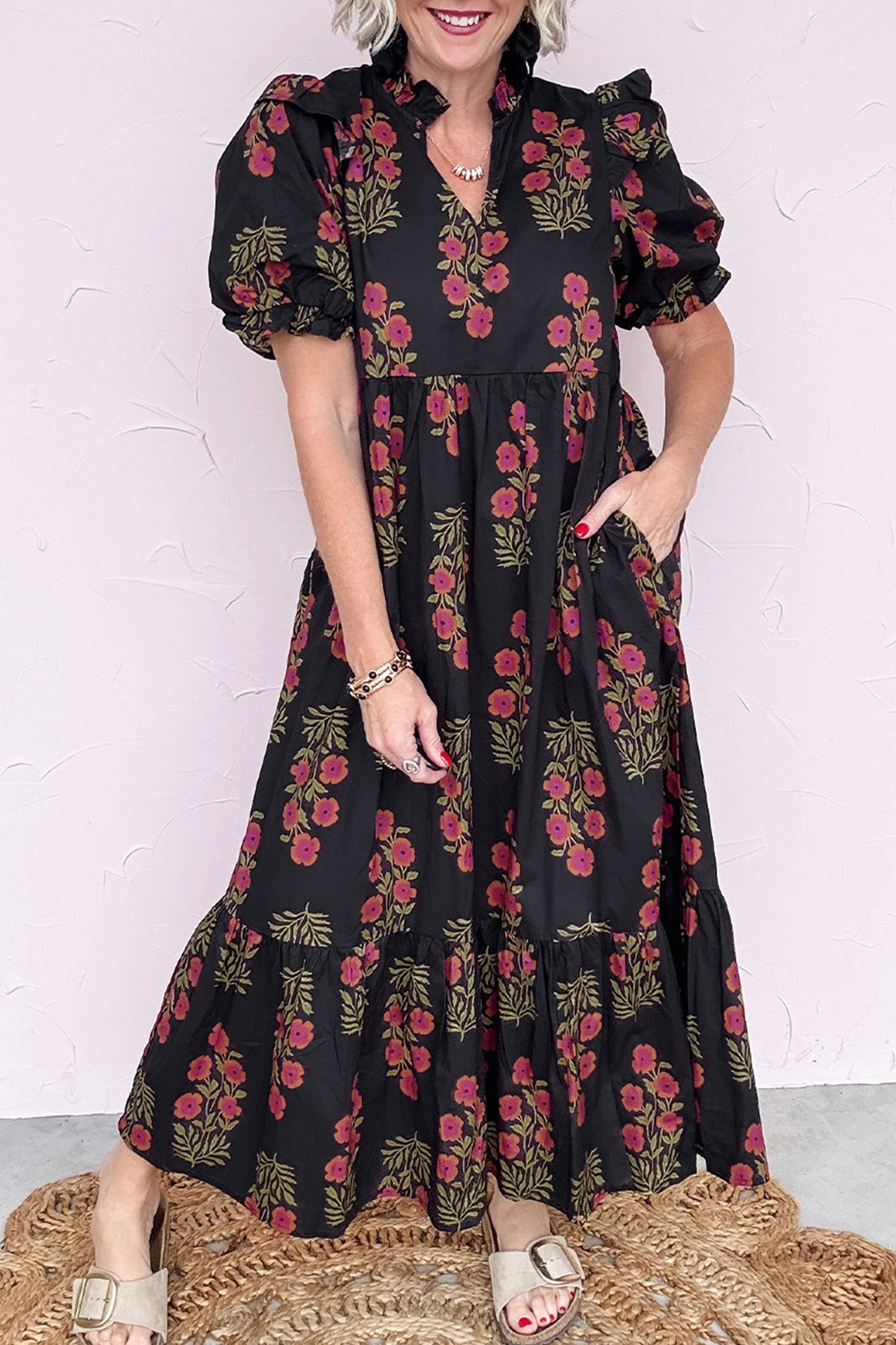 Beige Floral Short Bubble Sleeve Tiered Maxi Dress