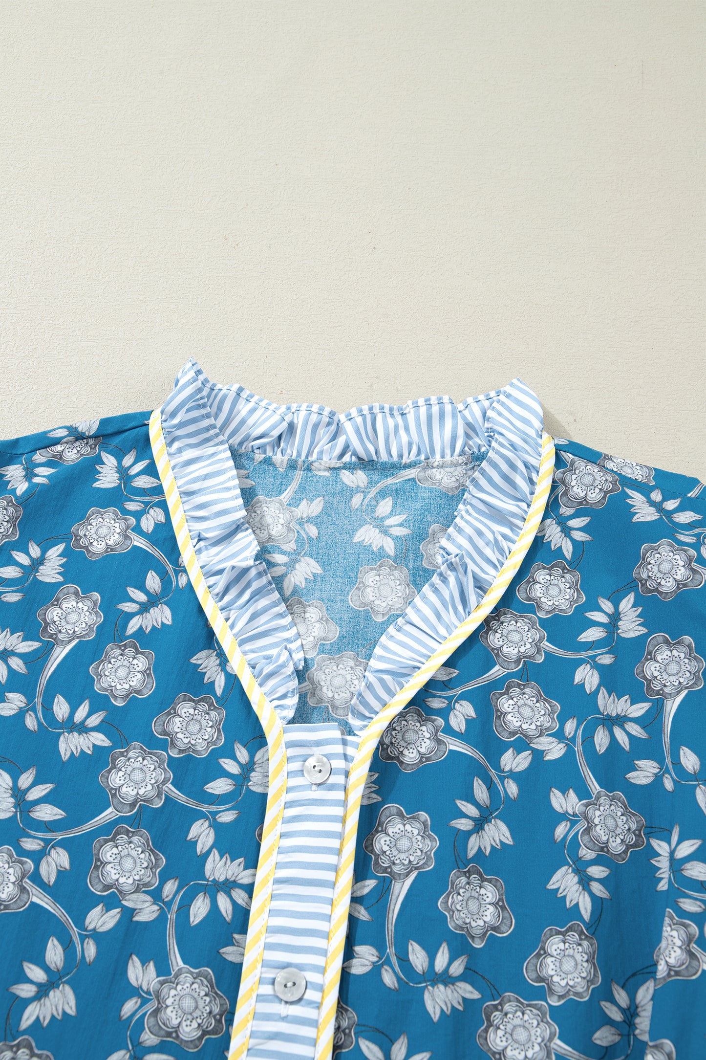 Blue Plus Size Floral Print Striped Patchwork Detail Button Front Ruffle Hem Dress