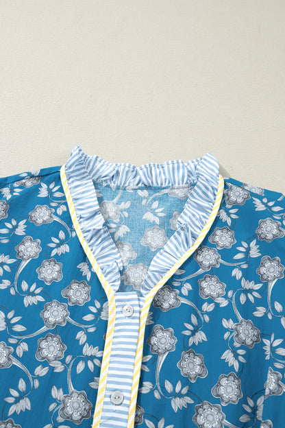 Blue Plus Size Floral Print Striped Patchwork Detail Button Front Ruffle Hem Dress