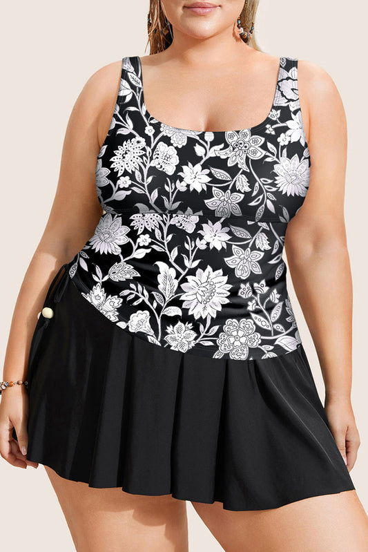 Black Plus Size Floral Print Drawstring Ruffled Tankini Set
