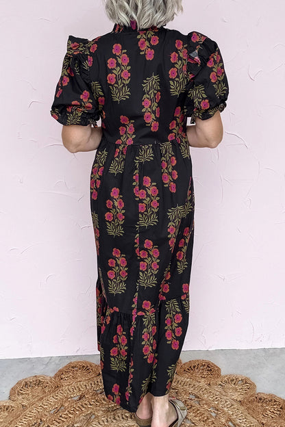 Beige Floral Short Bubble Sleeve Tiered Maxi Dress