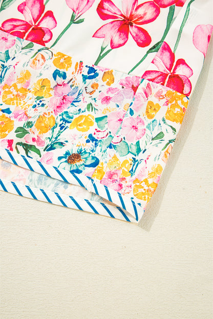 Pink Plus Size Floral Print Striped Trim V Neck Blouse