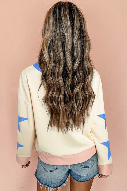 Beige Game Day Sequin Letter Graphic Star Patched Colorblock Sweatshirt