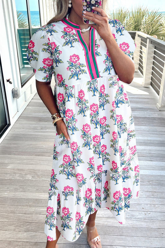 White Allover Floral Print Pop of Color Neckline Puff Sleeve Plus Size Dress