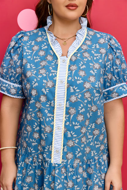 Blue Plus Size Floral Print Striped Patchwork Detail Button Front Ruffle Hem Dress