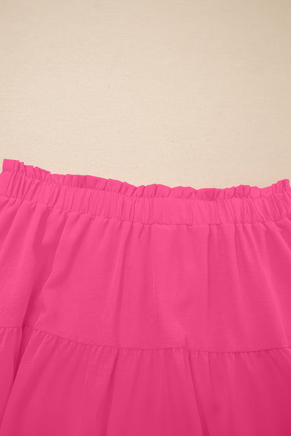 Rose Red Plus Size Frilled Elastic Waist Lace Trim Boho Ruffled Shorts