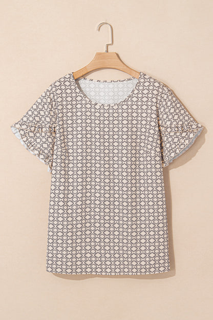 Khaki Geometric Print Frill Tulip Sleeve Plus Size Blouse