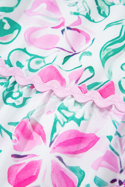 White Floral Print Ric-rac Trim Square Neck Plus Size Mini Dress