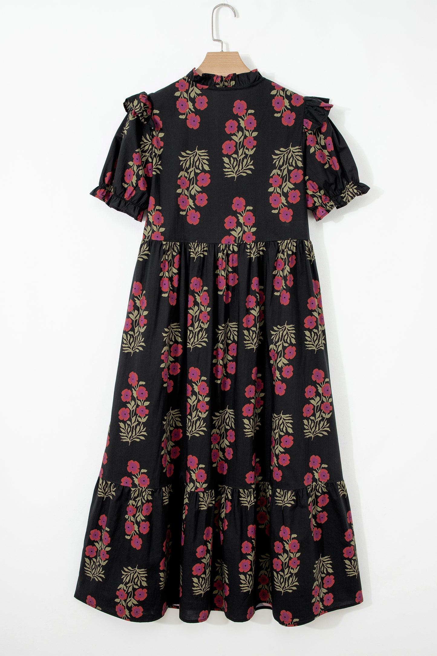 Beige Floral Short Bubble Sleeve Tiered Maxi Dress