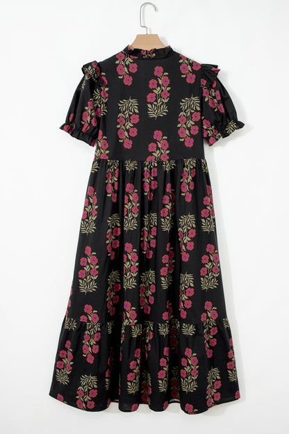 Beige Floral Short Bubble Sleeve Tiered Maxi Dress