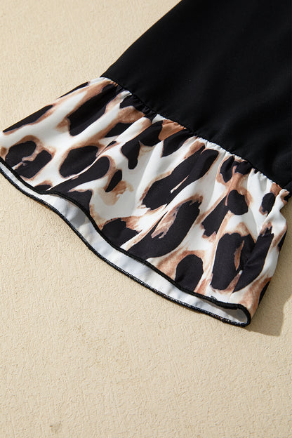 Black Plus Size Leopard Patchwork V Neck 3/4 Sleeve Ruffle Hem Mini Dress