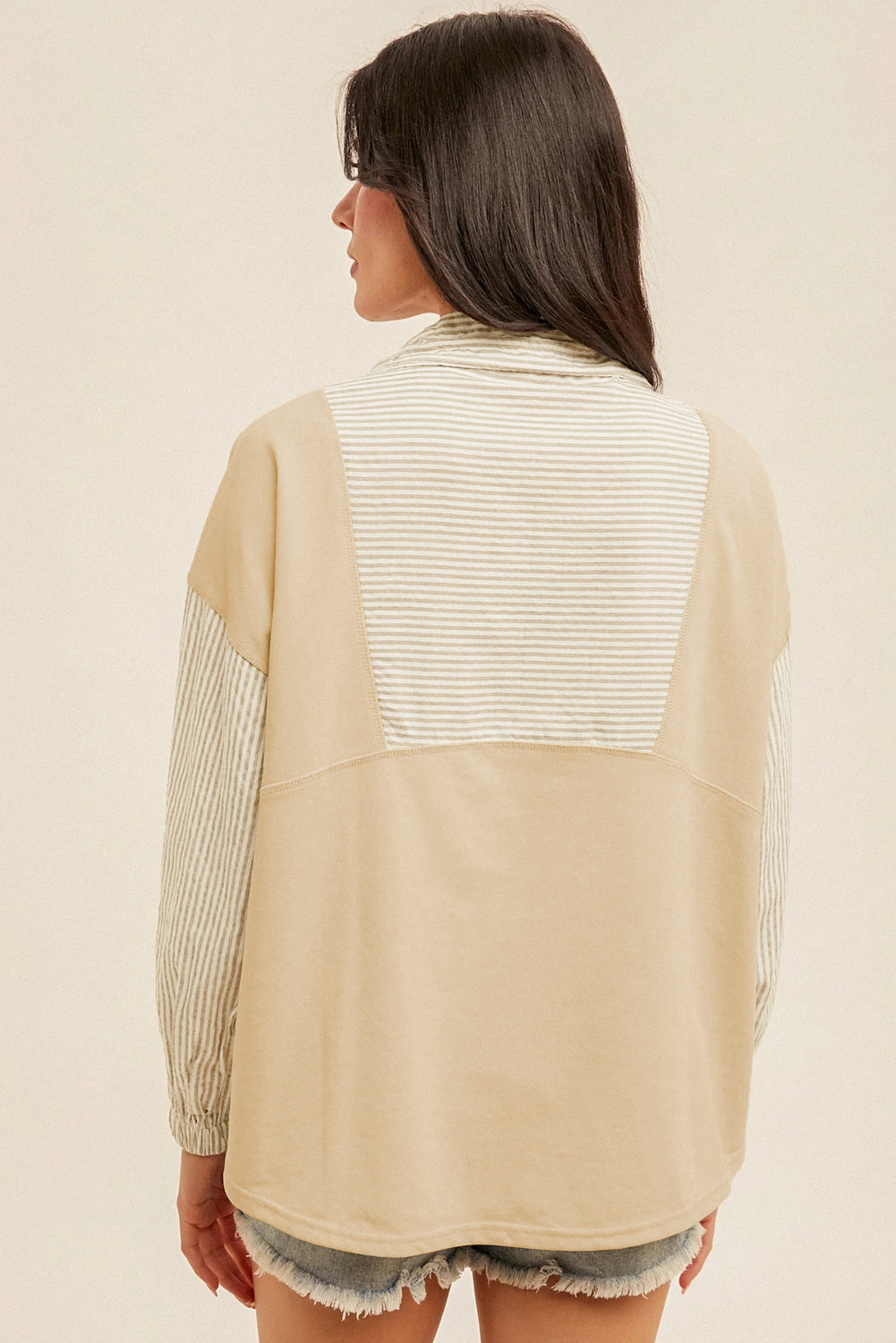 Khaki Stripe Patchwork Pocket Plus Size Long Sleeve Top