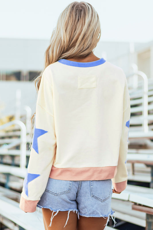 Beige Game Day Sequin Letter Graphic Star Patched Colorblock Sweatshirt