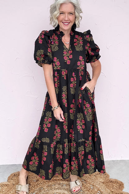 Beige Floral Short Bubble Sleeve Tiered Maxi Dress