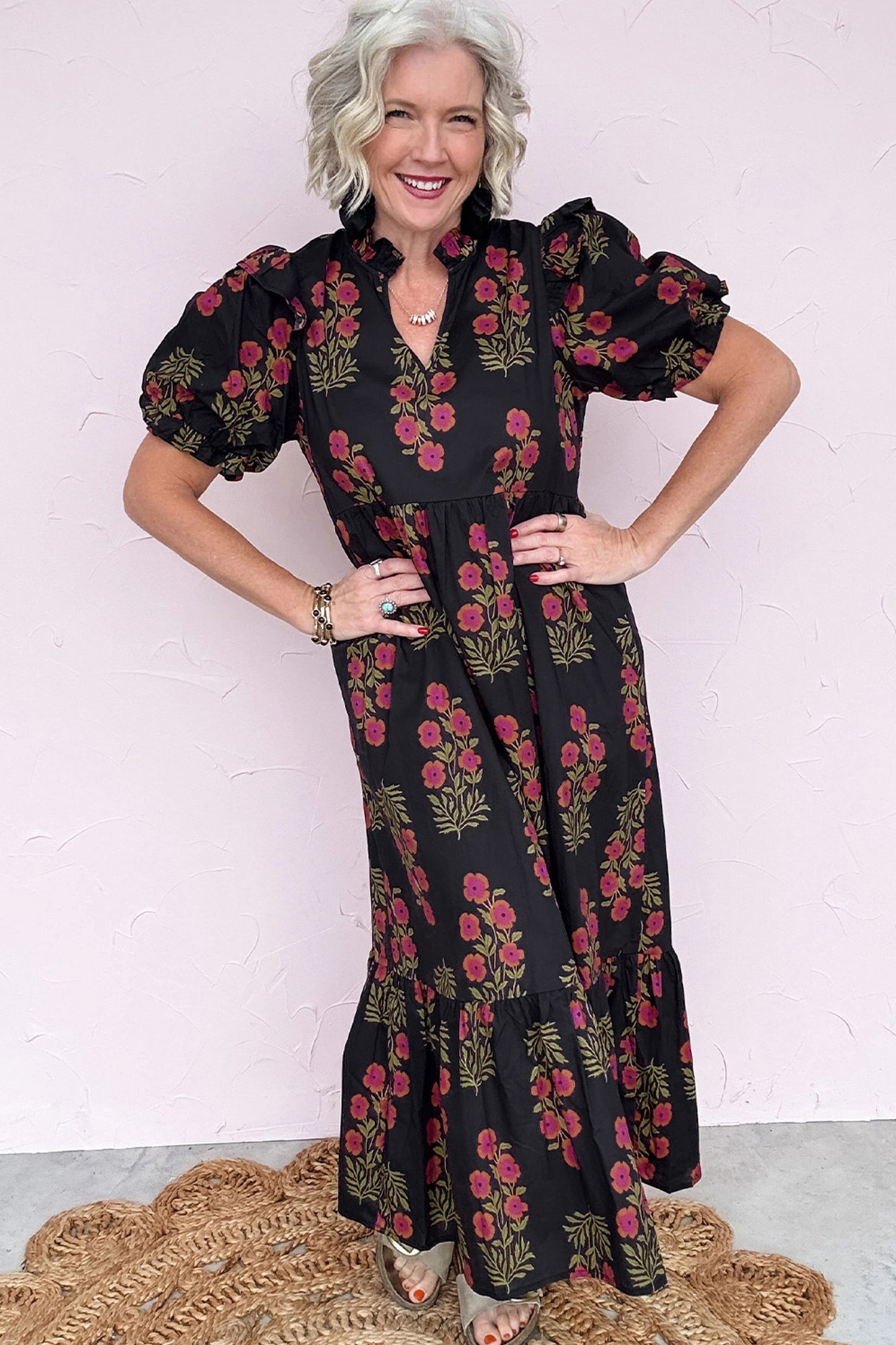 Beige Floral Short Bubble Sleeve Tiered Maxi Dress