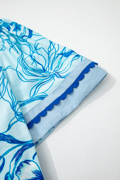 Sky Blue Plus Size Scalloped Trim Floral Short Sleeve Blouse