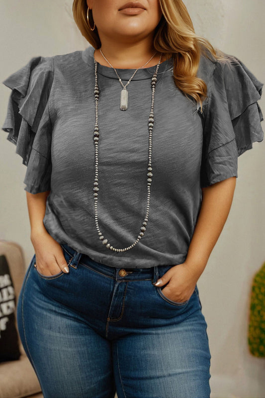 Dark Grey Layered Ruffle Short Sleeve Plus Size Top