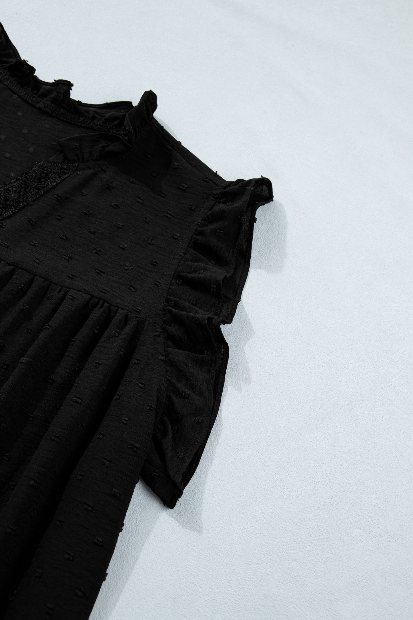 Black Plus Size Swiss Dot Ruffle Lace Trim V Neck Tank Top